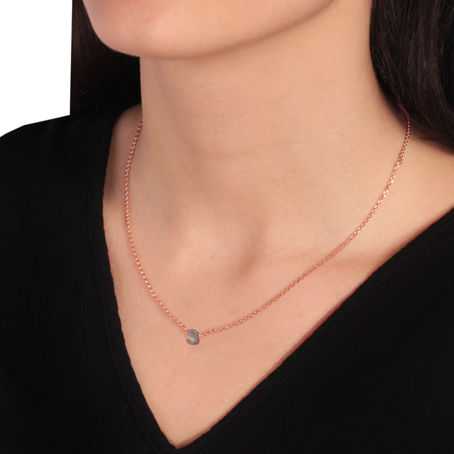Ασημένιο ρόζ κολιέ Αλυσίδα Αρχικό Γράμμα S