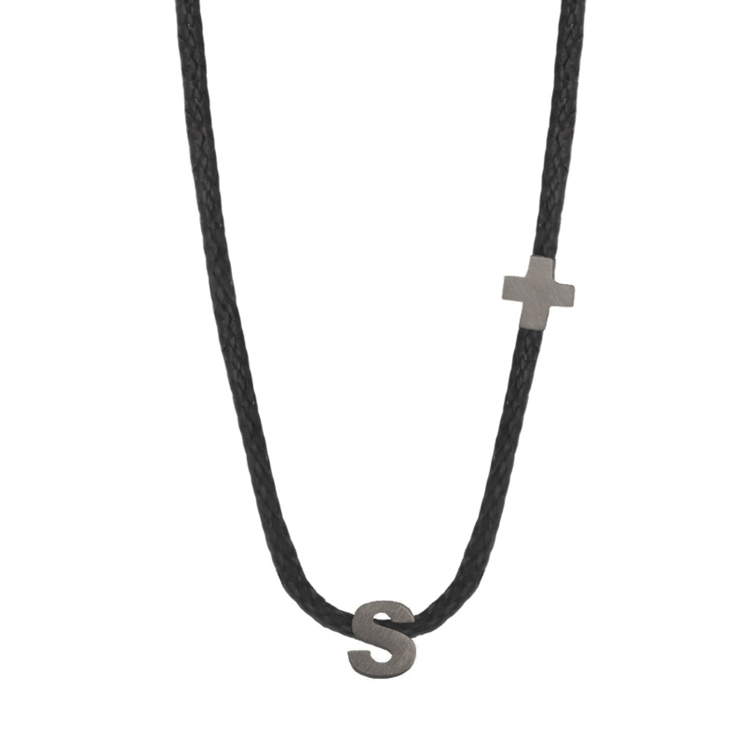 Κολιέ κορδόνι ασημένιο μαύρο Αρχικό Γράμμα S